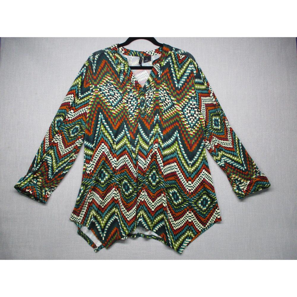 NEW DIRECTIONS Teal Orange Geometric Print Henley Tunic Womensβ Size XL